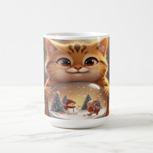 Cute Christmas Cat Holding Snow Globe Art Koffiemok (Center)