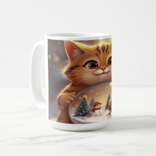 Cute Christmas Cat Holding Snow Globe Art Koffiemok (Voorkant links)