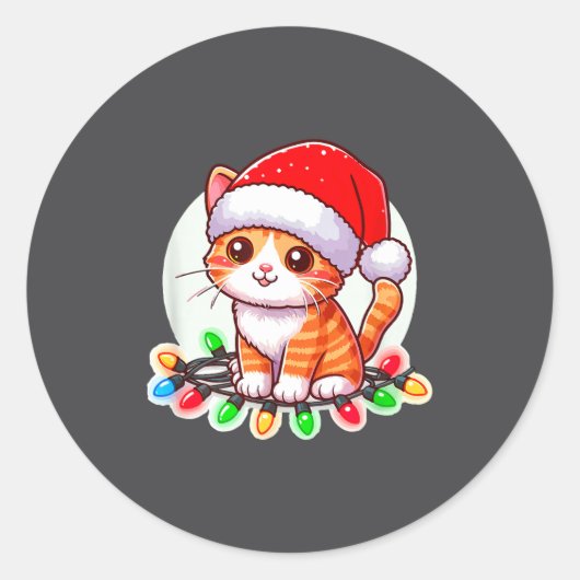 Cute Christmas Cat In Santa Hat  Ronde Sticker (Voorkant)