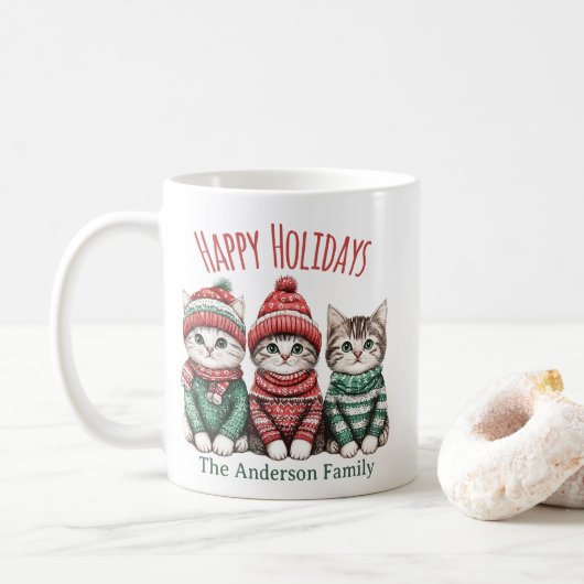 Cute Christmas Cat Mug | Custom Family Name Koffiemok (Met donut)