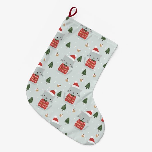 Cute Christmas Cat Pattern – Festive Holiday  Grote Kerstsok (Voorkant (Hangend))