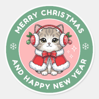 Cute Christmas Cat Sticke Ronde Sticker