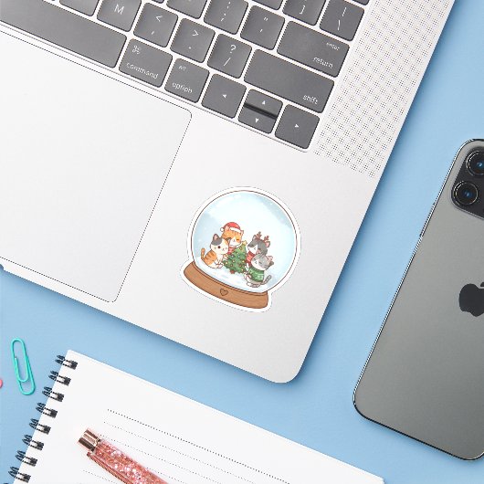 Cute Christmas Cat Sticker, Snow Globe Cat Sticker (Laptop met iPhone)