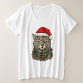 Cute Christmas Cat Wearing Santa Hat and Holiday  Grote Maat T-shirt