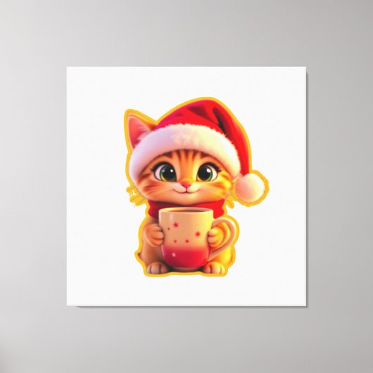 **Cute Christmas Cat with Santa Hat – Funny Holida Canvas Afdruk (Voorkant)