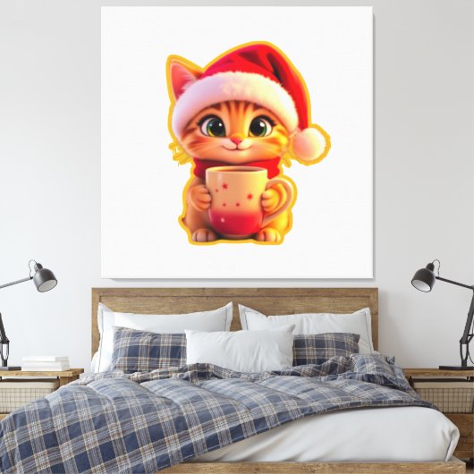 **Cute Christmas Cat with Santa Hat – Funny Holida Canvas Afdruk (Insitu (Slaapkamer))