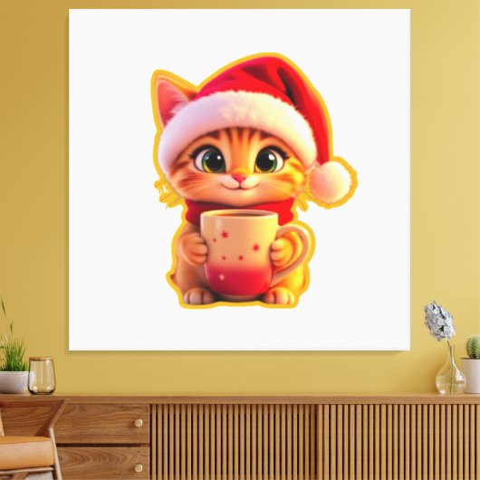 **Cute Christmas Cat with Santa Hat – Funny Holida Canvas Afdruk (Insitu (Woonkamer))