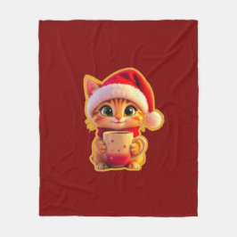 **Cute Christmas Cat with Santa Hat – Funny Holida Fleece Deken