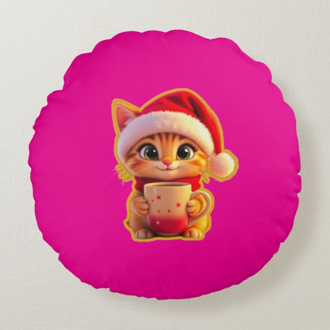 **Cute Christmas Cat with Santa Hat – Funny Holida Rond Kussen (Voorkant)