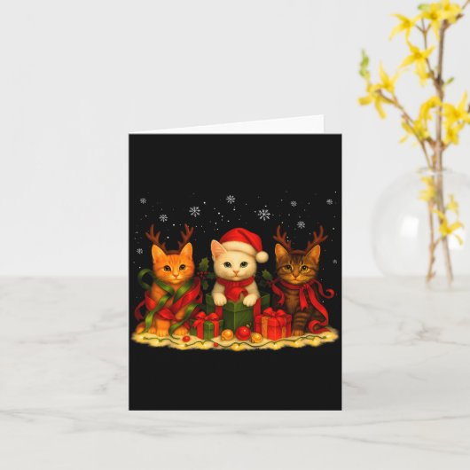 Cute Christmas Cat Xmas Lights Santa Reindeer Cat  Kaart (Gele Bloem)