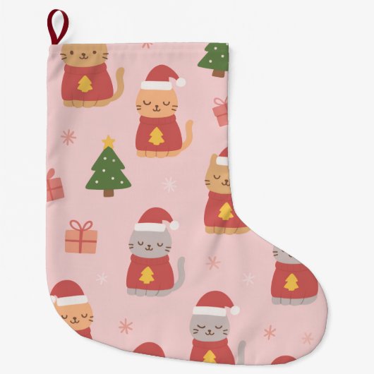 Cute Christmas Cats Pattern – Pink Holiday Design Grote Kerstsok (Voorkant)