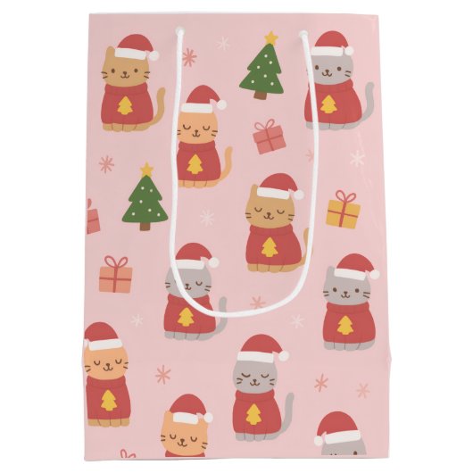 Cute Christmas Cats Pattern – Pink Holiday Design Medium Cadeauzakje (Achterkant)
