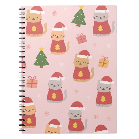 Cute Christmas Cats Pattern – Pink Holiday Design Notitieboek (Voorkant)