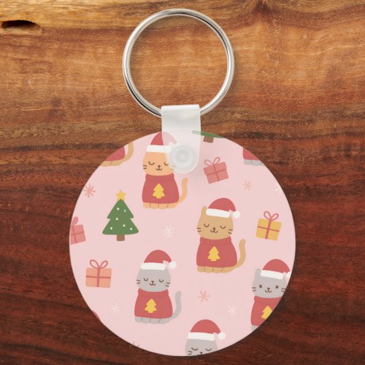 Cute Christmas Cats Pattern – Pink Holiday Design Sleutelhanger (Achterkant)