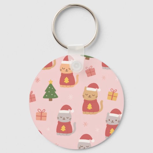 Cute Christmas Cats Pattern – Pink Holiday Design Sleutelhanger (Achterkant)