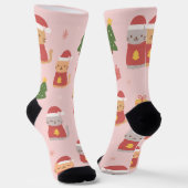 Cute Christmas Cats Pattern – Pink Holiday Design Sokken (Gebogen)