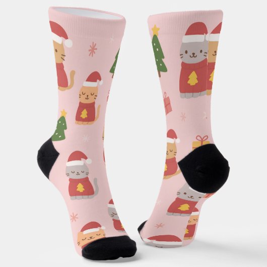 Cute Christmas Cats Pattern – Pink Holiday Design Sokken (Gebogen)