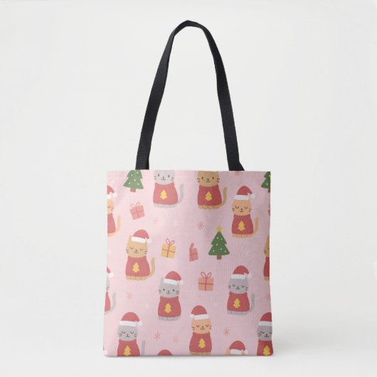 Cute Christmas Cats Pattern – Pink Holiday Design Tote Bag (Voorkant)
