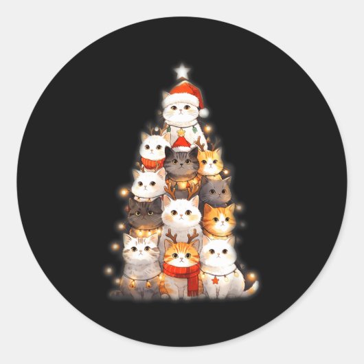 Cute Christmas Cats Tree Lights Holiday Kittens Il Ronde Sticker (Voorkant)