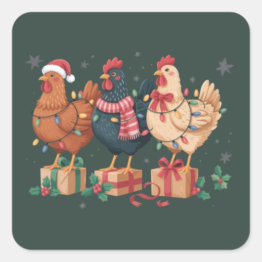 Cute Christmas Chickens Funny Holiday Farm Vierkante Sticker (Voorkant)