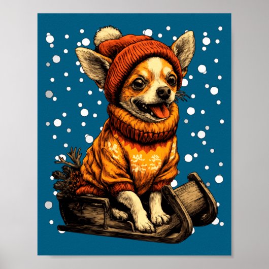 Cute Christmas Chihuahua Sledding In Snow Funny Wi Poster (Voorkant)