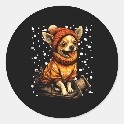Cute Christmas Chihuahua Sledding In Snow Funny Wi Ronde Sticker (Voorkant)