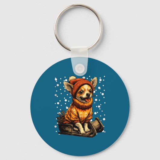 Cute Christmas Chihuahua Sledding In Snow Funny Wi Sleutelhanger (Voorkant)