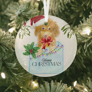 Cute Christmas Dog  Glas Ornament