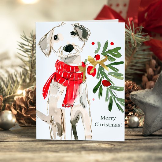 Cute Christmas Dog with Scarf and Greenery Feestdagen Kaart