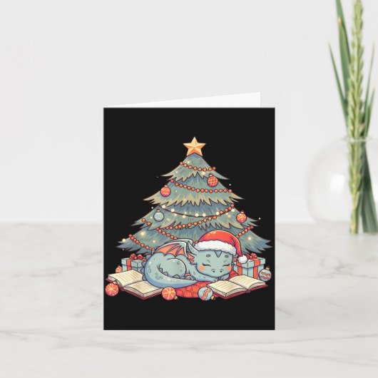 Cute Christmas Dragon Sleeng Under Tree Books Love Kaart (Voorkant)