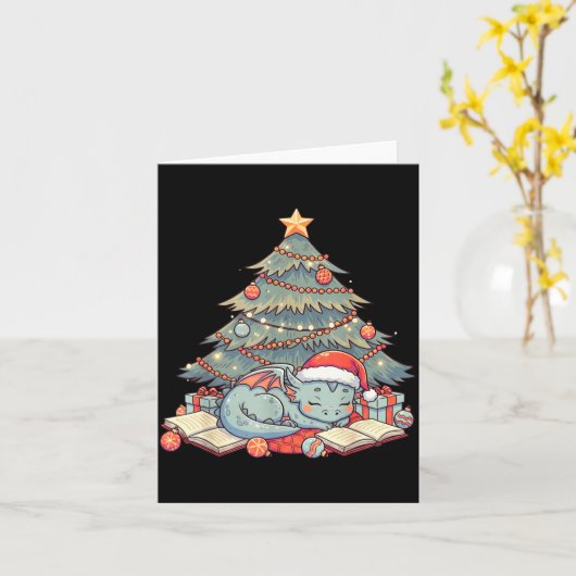 Cute Christmas Dragon Sleeng Under Tree Books Love Kaart (Gele Bloem)
