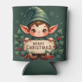 Cute Christmas Elf Holding Merry Sign Green Blikjeskoeler (Voorkant)