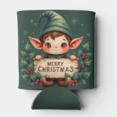 Cute Christmas Elf Holding Merry Sign Green Blikjeskoeler (Achterkant)