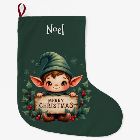 Cute Christmas Elf Holding Merry Sign Green Grote Kerstsok (Voorkant)