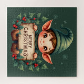 Cute Christmas Elf Holding Merry Sign Green Legpuzzel (Horizontaal)