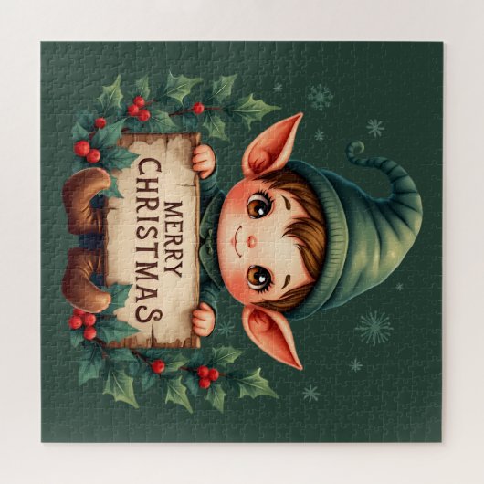 Cute Christmas Elf Holding Merry Sign Green Legpuzzel (Horizontaal)