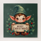 Cute Christmas Elf Holding Merry Sign Green Legpuzzel (Verticaal)