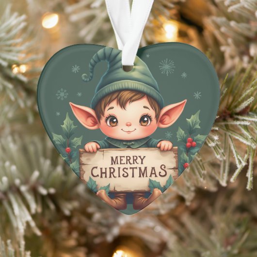 Cute Christmas Elf Holding Merry Sign Green Ornament (Boom)
