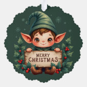 Cute Christmas Elf Holding Merry Sign Green Ornament Kaart (Achterkant)