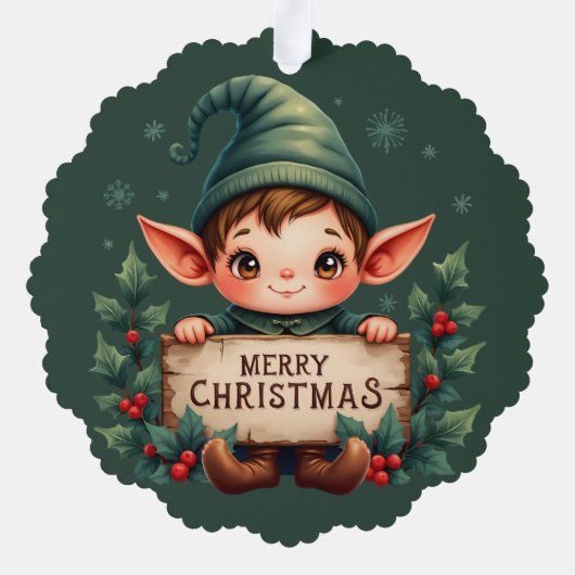 Cute Christmas Elf Holding Merry Sign Green Ornament Kaart (Achterkant)