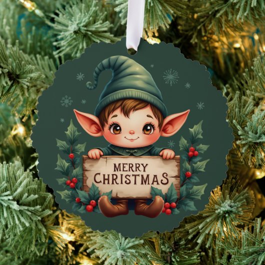 Cute Christmas Elf Holding Merry Sign Green Ornament Kaart (Insitu (Drie))