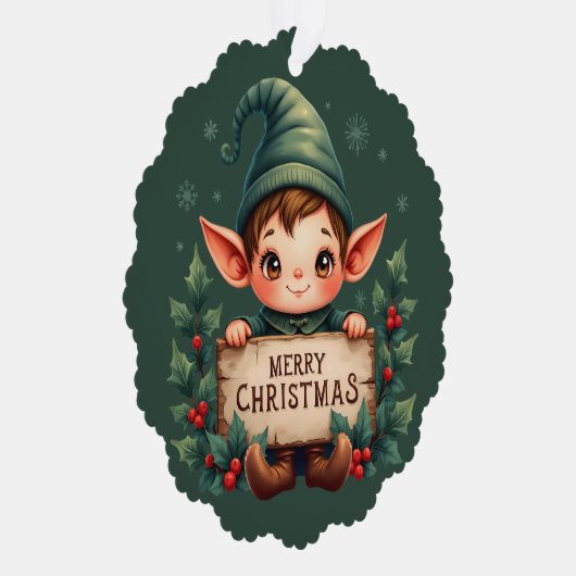 Cute Christmas Elf Holding Merry Sign Green Ornament Kaart (Rechts)