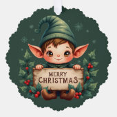 Cute Christmas Elf Holding Merry Sign Green Ornament Kaart (Voorkant)