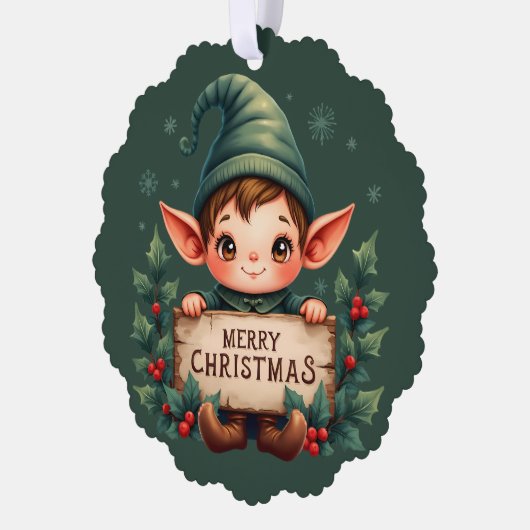 Cute Christmas Elf Holding Merry Sign Green Ornament Kaart (Links)