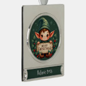 Cute Christmas Elf Holding Merry Sign Green Verzilverd Banner Ornament (Rechts)