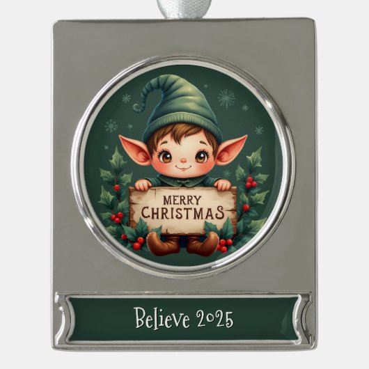 Cute Christmas Elf Holding Merry Sign Green Verzilverd Banner Ornament (Voorkant)