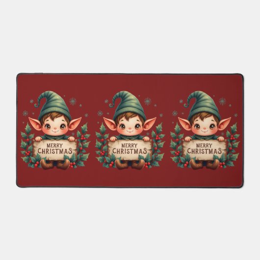 Cute Christmas Elf Holding Merry Sign Red Bureaumat (Voorkant)