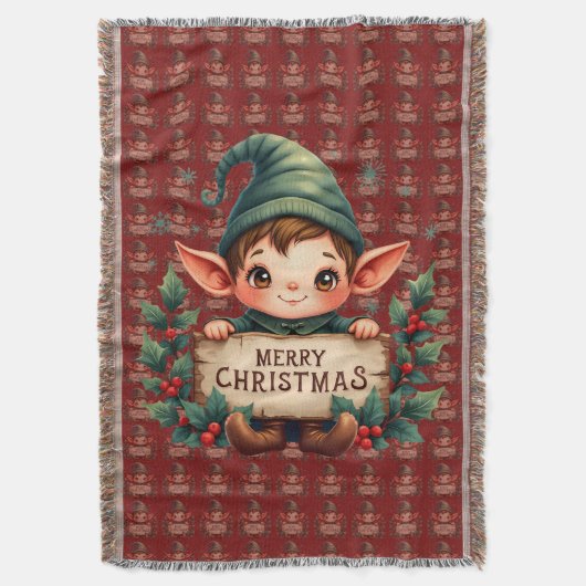 Cute Christmas Elf Holding Merry Sign Red Deken (Voorkant Verticaal)