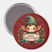 Cute Christmas Elf Holding Merry Sign Red Magneet (Voorkant / Achterkant)