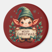 Cute Christmas Elf Holding Merry Sign Red Magneet (Voorkant)